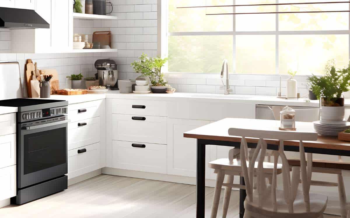 A bright small kitchen interior with table and chairs