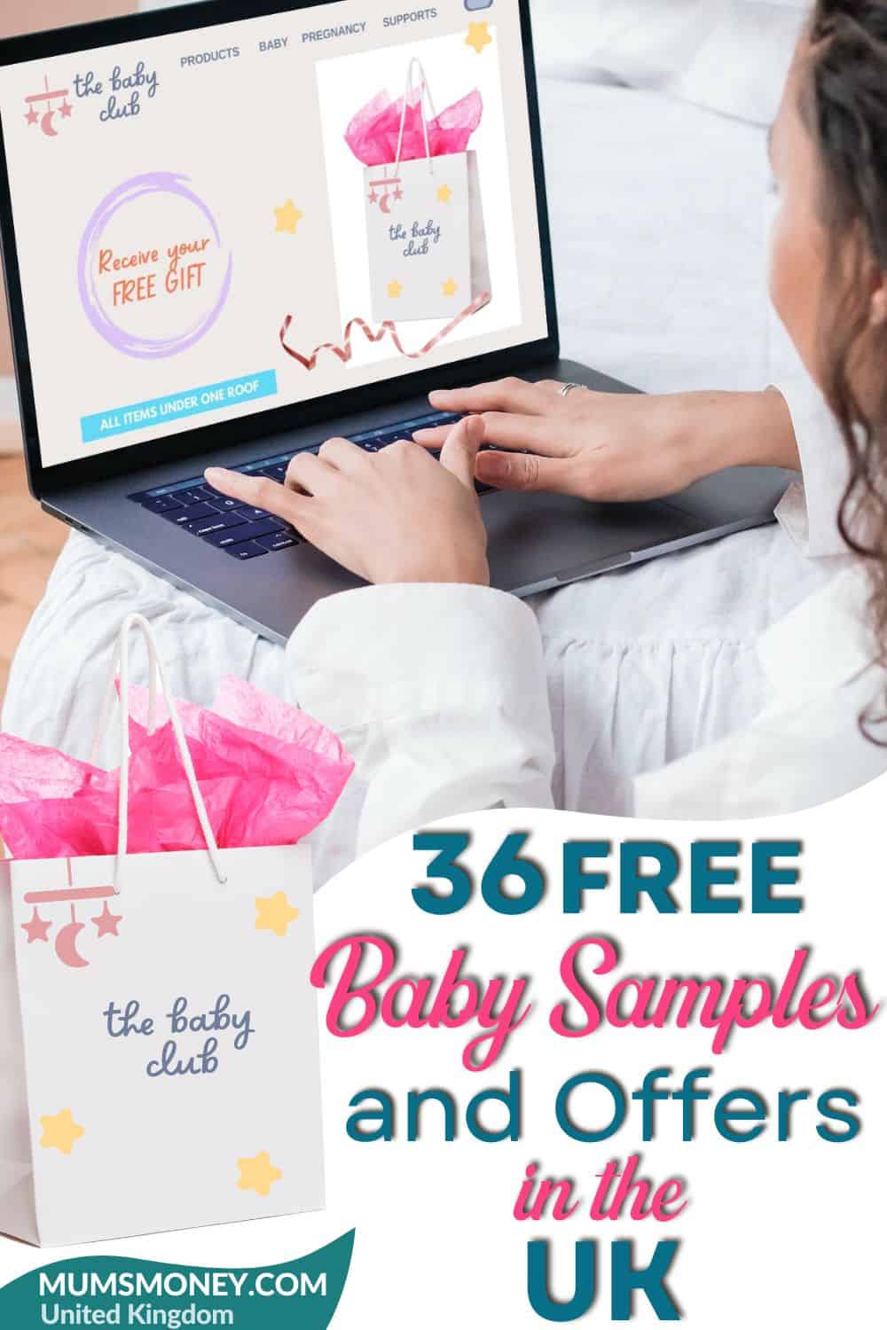 A woman beside a bed using a laptop showing a mockup website of the Baby Cub with text overlay that reads 36 Free Baby Samples and offers in the UK