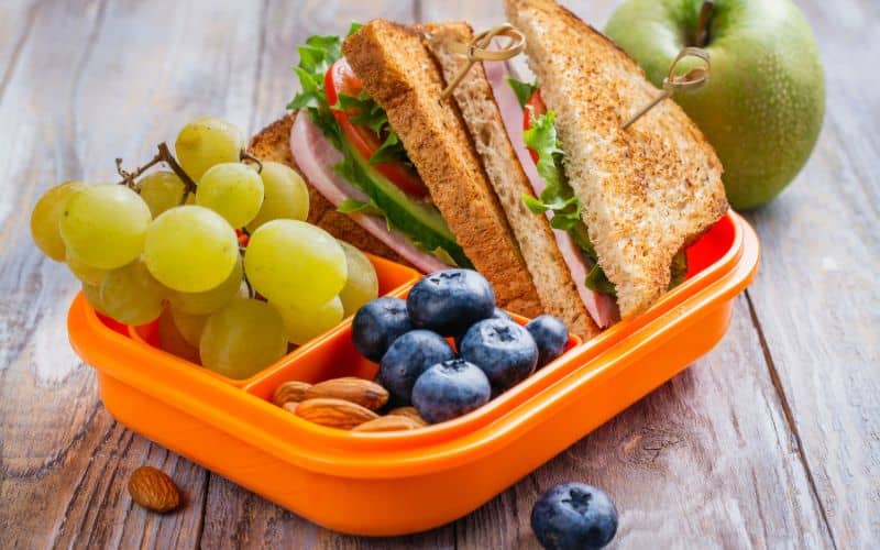 Photo showing an orange lunch pack with sandwich, and fruits