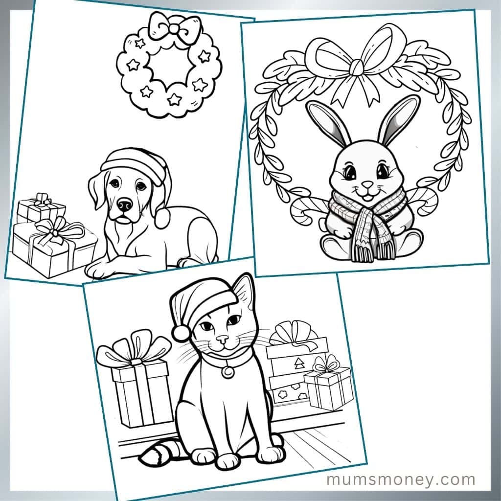 Outlined illustrations of dog, cat and bunny