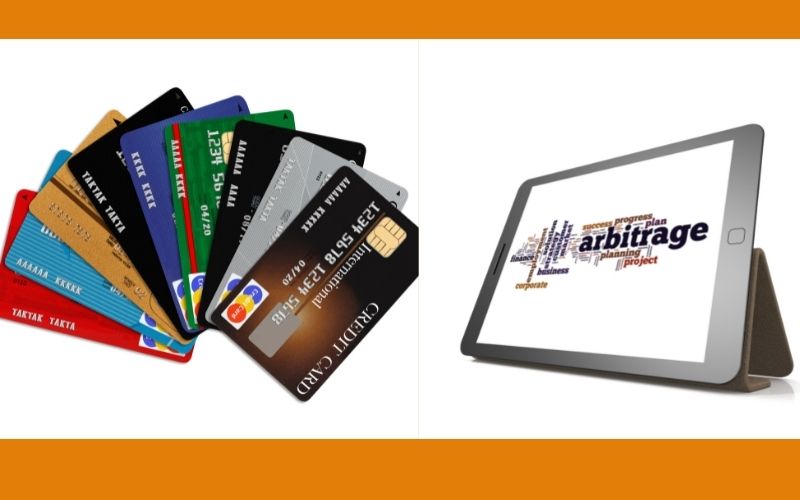 creditcards, arbitrage word on tablet image
