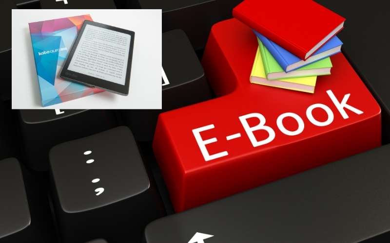 ebook and ebook reader, keyboard background with the text ebook on it