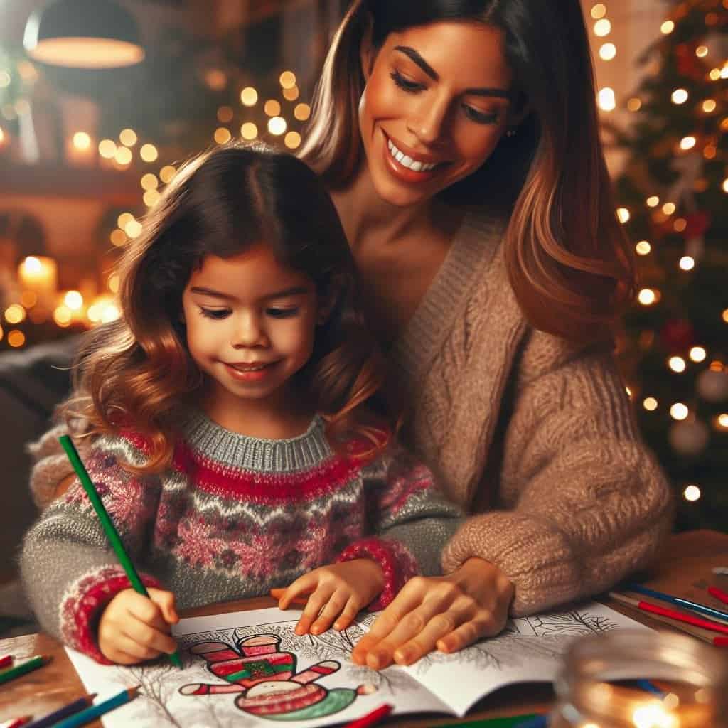 Mother and daughter on christmas coloring page