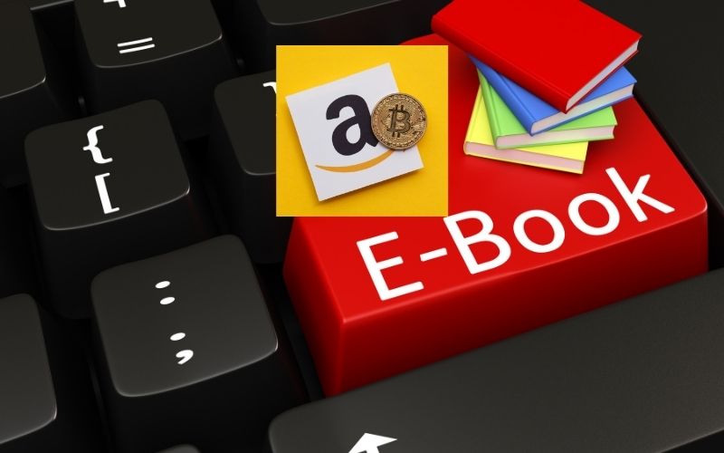 computer keyboard with the letter ebook and bitcoin cryptocurrency on an amazom e-commerce