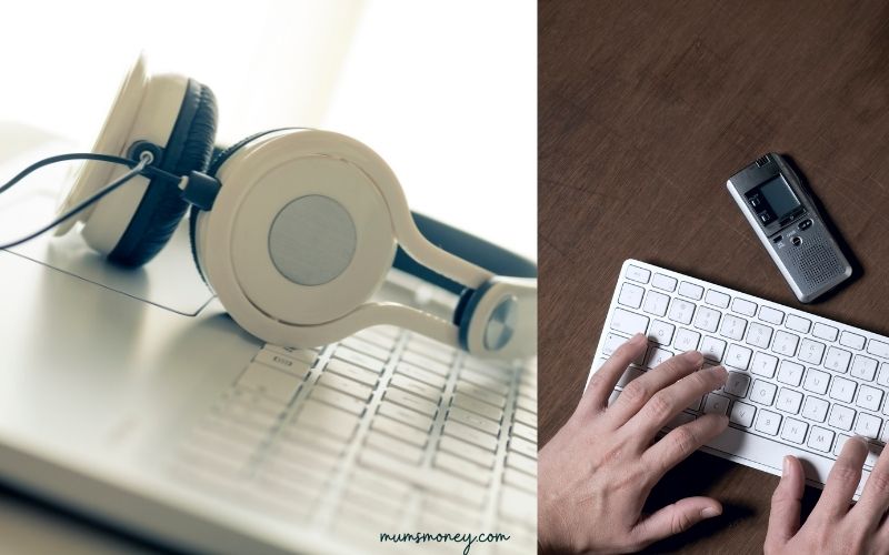 white laptop and headphones on table, a concept for transcription, a couple of hands typing on a keyboard 